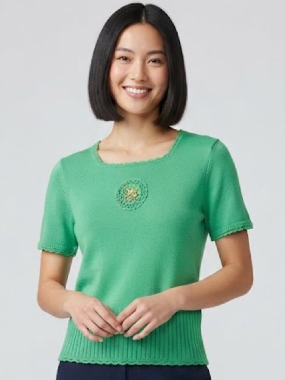 Green Embroidered Crochet Medallion Sweater Petite Medium Boho Y2K Scallop Trim